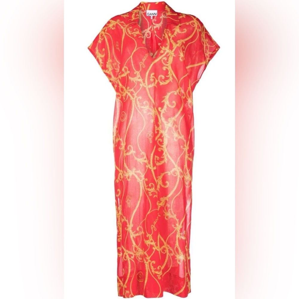 Ganni Red & Gold Printed Sheer Swim Coverup Caftan